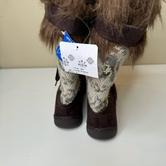 MUKLUKS BROWN FAUX SUEDE & FUR KNITTED SIDES LACE UP KNEE HIGH BOOTS SZ 7 - Picture 5 of 10